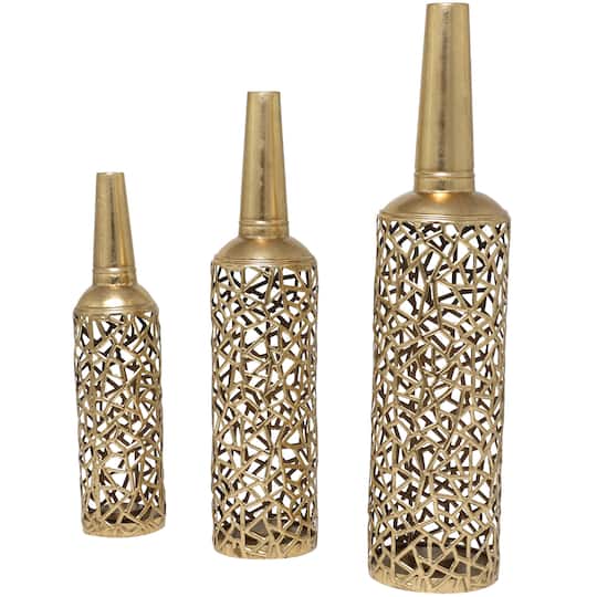 Gold Metal Abstract Patterned Vase with Open Frame Design Set
